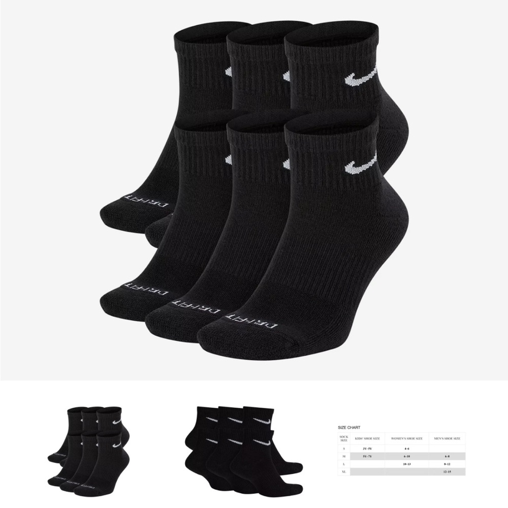 Nike Everyday Plus Dri-Fit Socks - 6-pack, Black, M size 12-15 - new